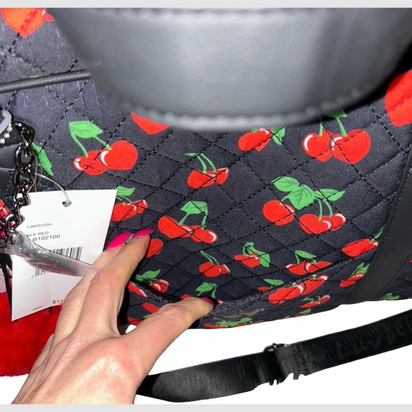 BETSEY JOHNSON BLACK RED CHERRIES OVERNIGHTER WEEKENDER & CHERRY PURSE CHARM NWT - Picture 9 of 12